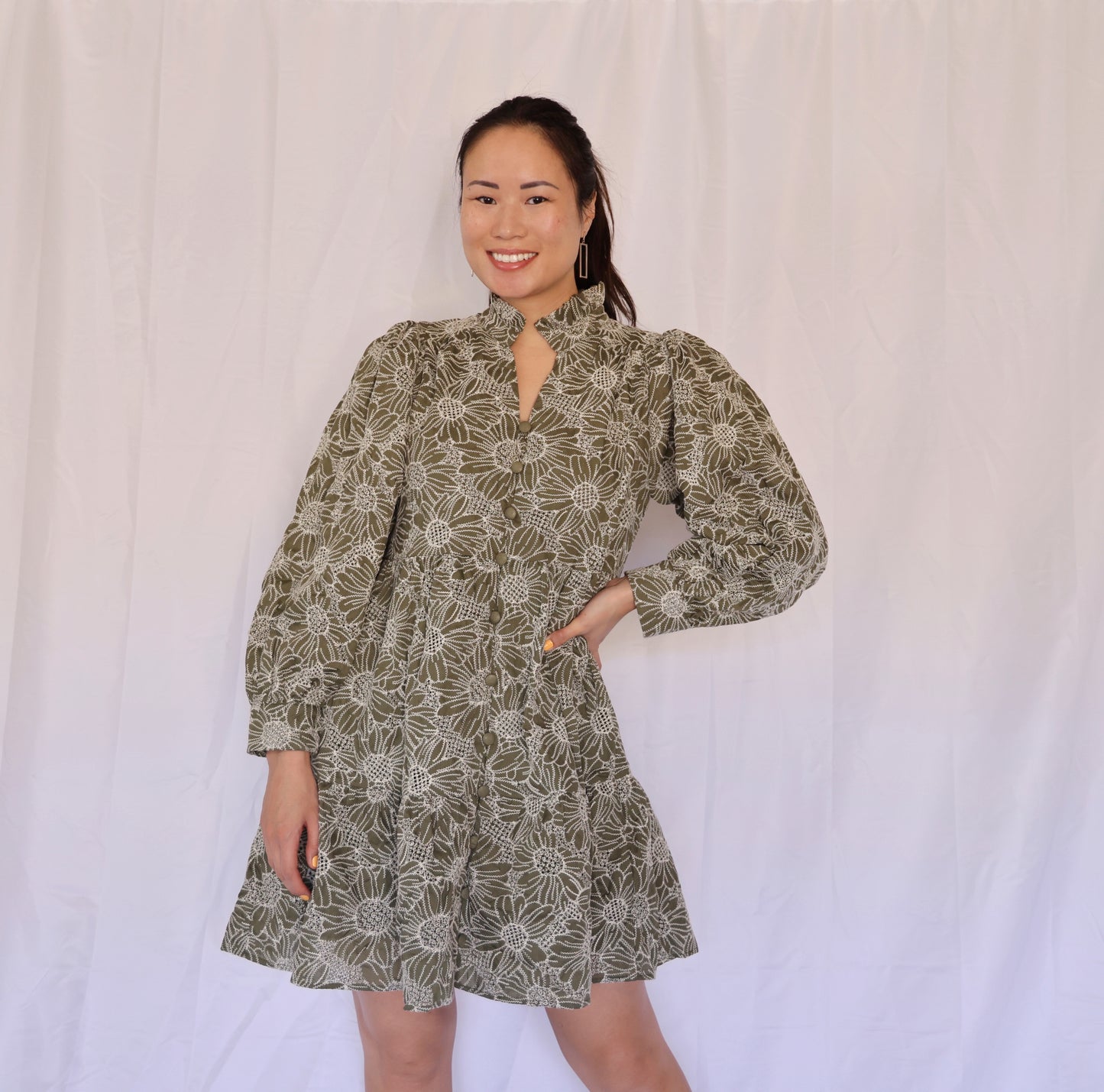 Miss Evergreen - The Olive Long Sleeve Puffy Sleeve Dress