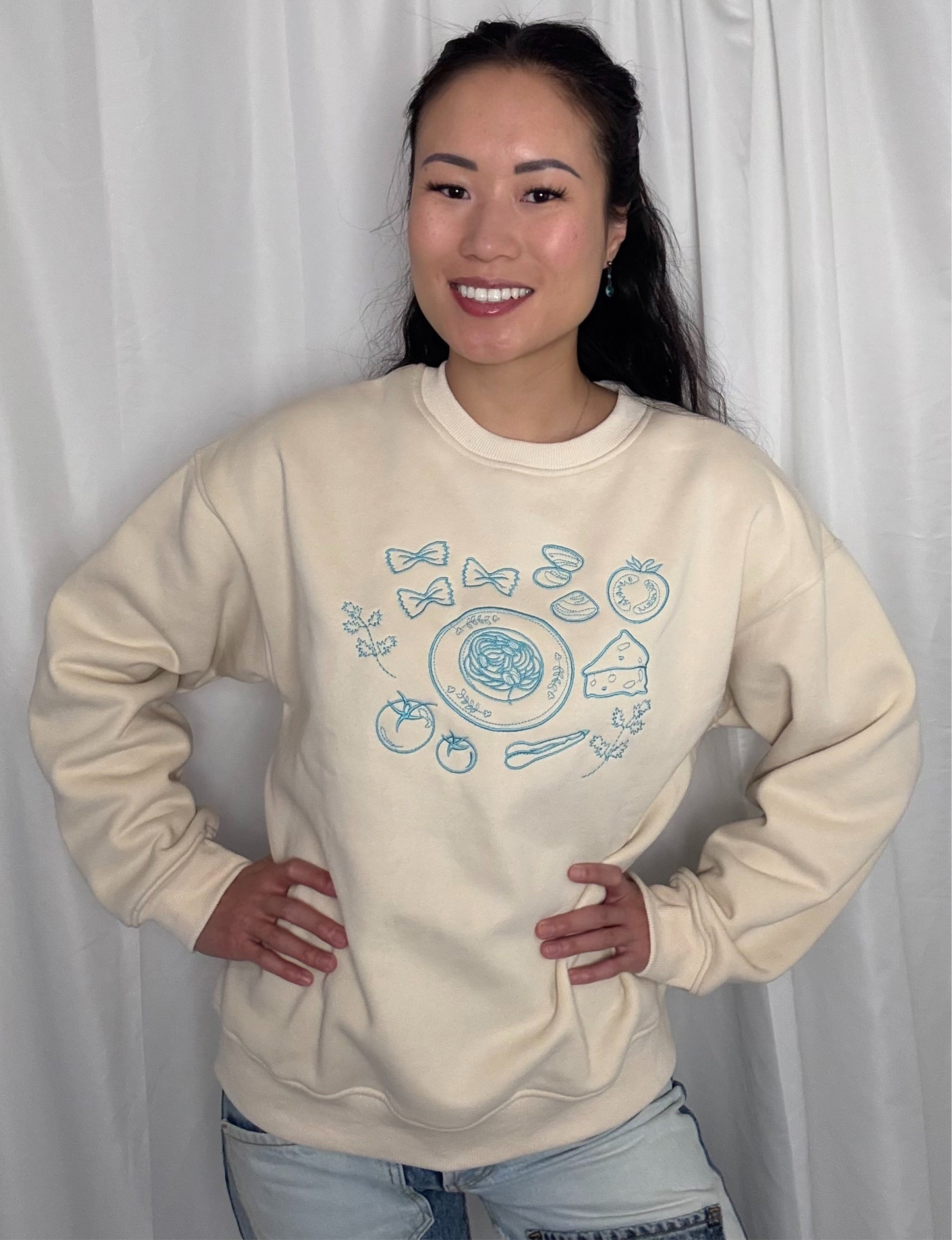 Miss Pasta La Vista - The Cream + Blue Colored Crewneck