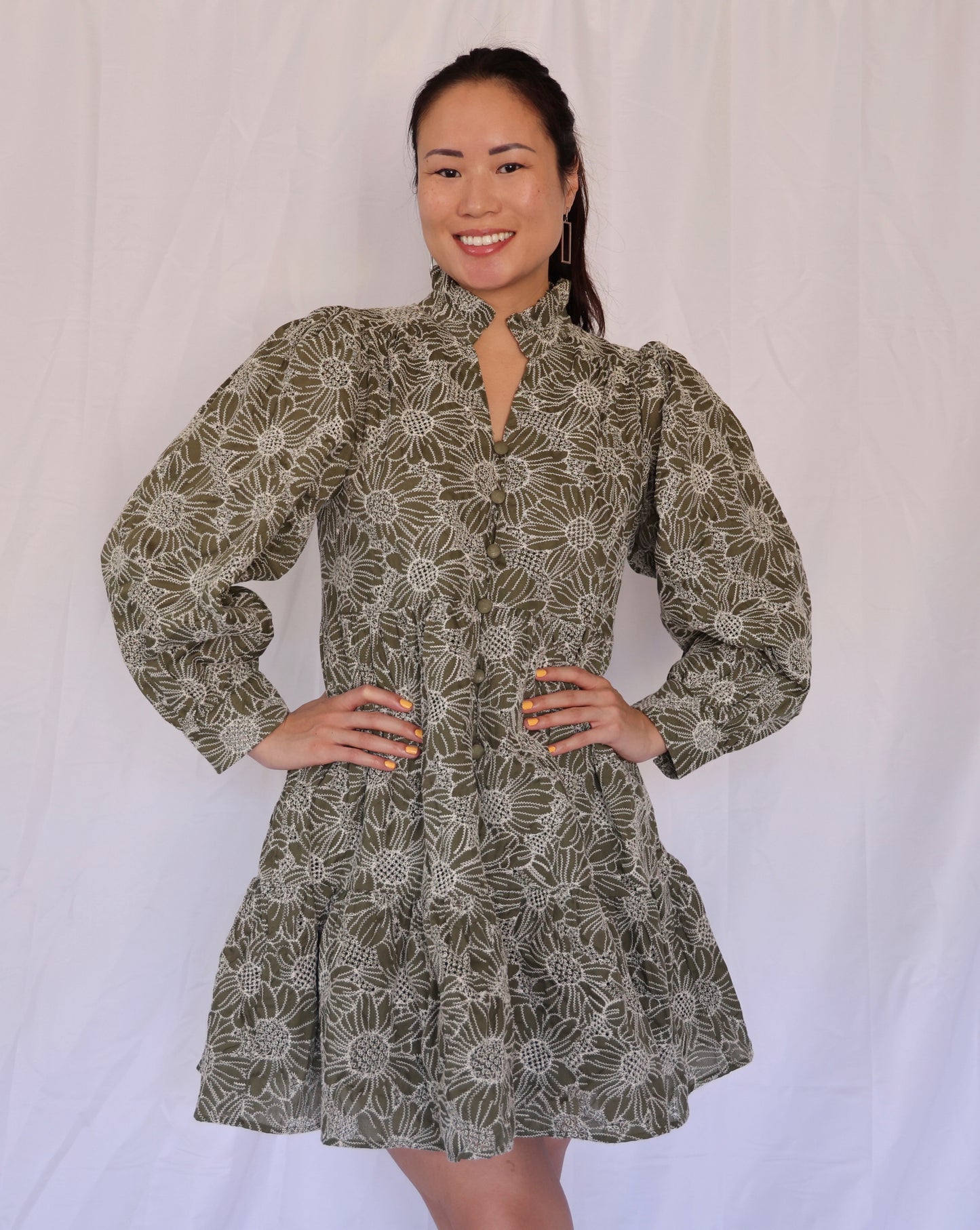 Miss Evergreen - The Olive Long Sleeve Puffy Sleeve Dress