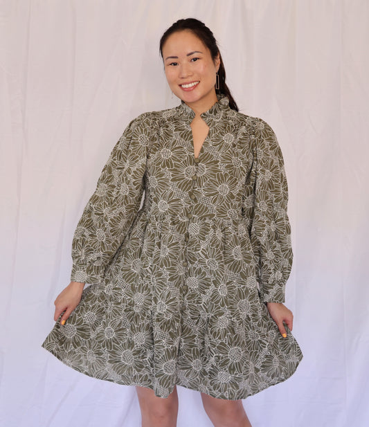 Miss Evergreen - The Olive Long Sleeve Puffy Sleeve Dress