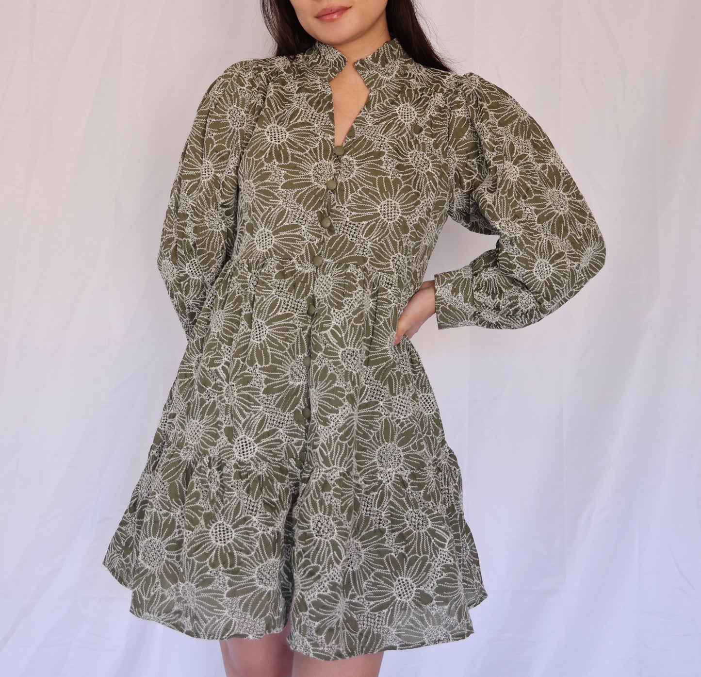 Miss Evergreen - The Olive Long Sleeve Puffy Sleeve Dress