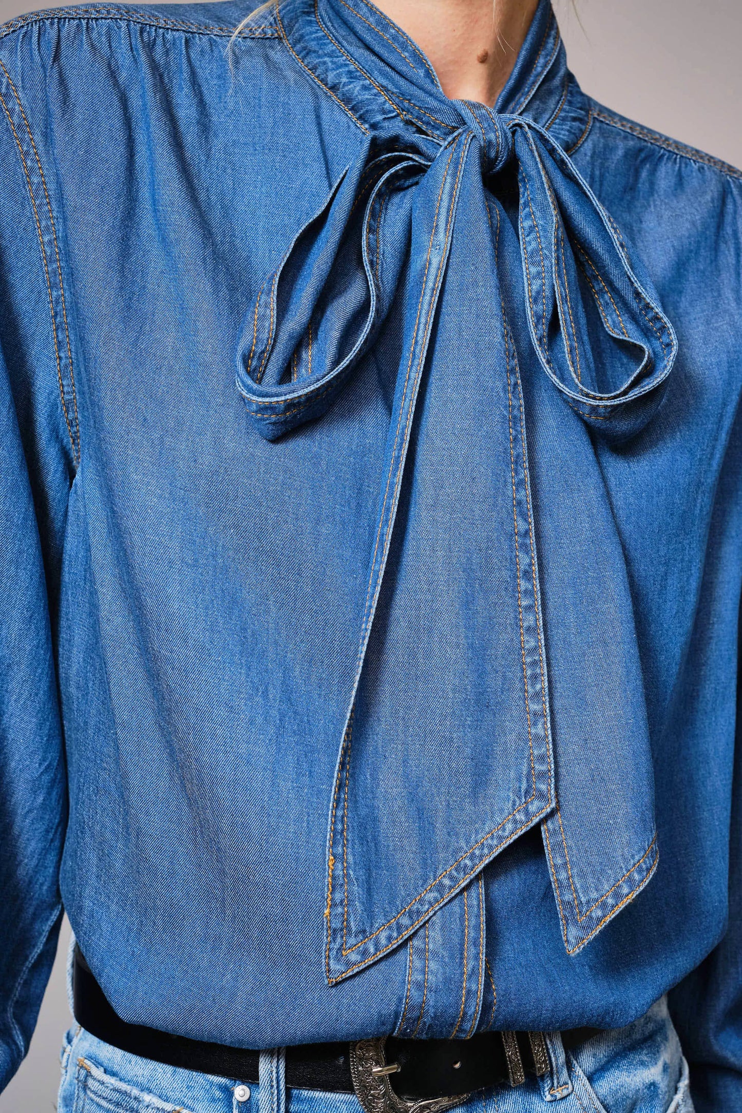Miss Chambray - The Tie Neck Chambray Blouse