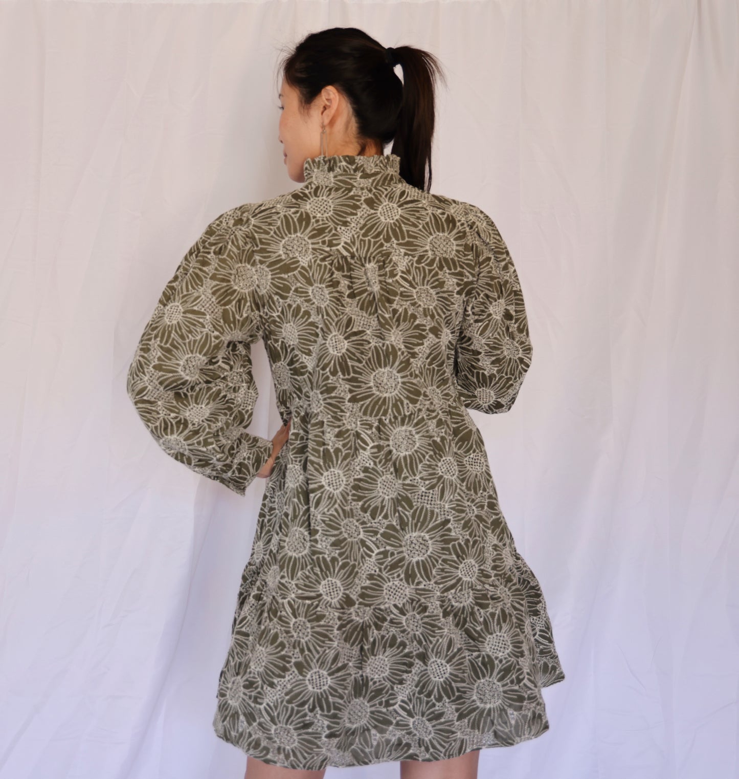 Miss Evergreen - The Olive Long Sleeve Puffy Sleeve Dress