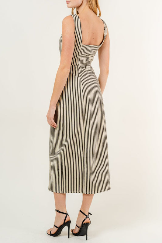 Miss Denim - The Khaki and Black Vertical Striped Midi Dress