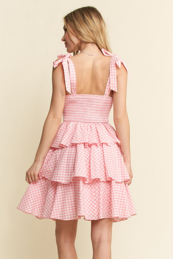Miss Candy - The Candy Pink and White Gingham Tiered Mini Dress with Shoulder Bows