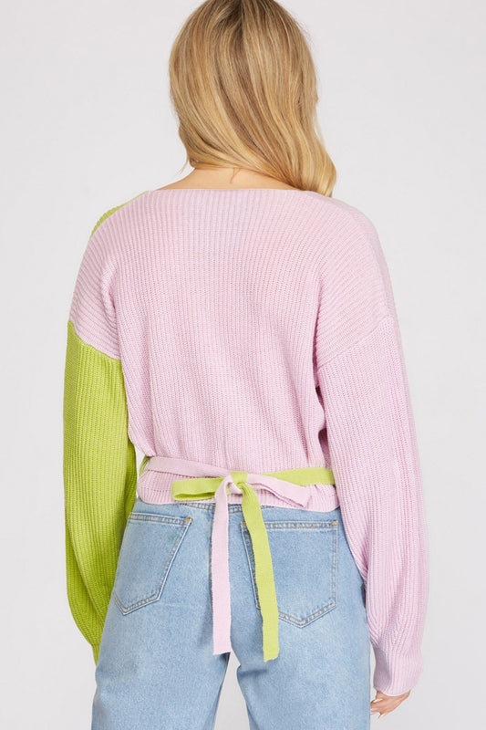 Miss Colorblock - The Green & Pink Wrap Sweater