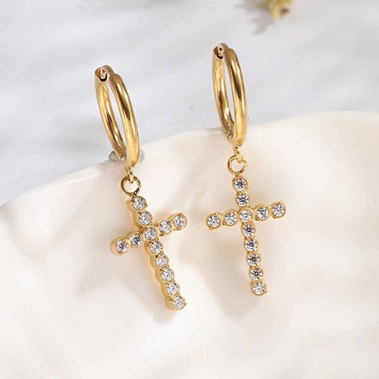 Miss Rhinestone - The 18K Stainless Steel Gold Cross Hoop Earrings