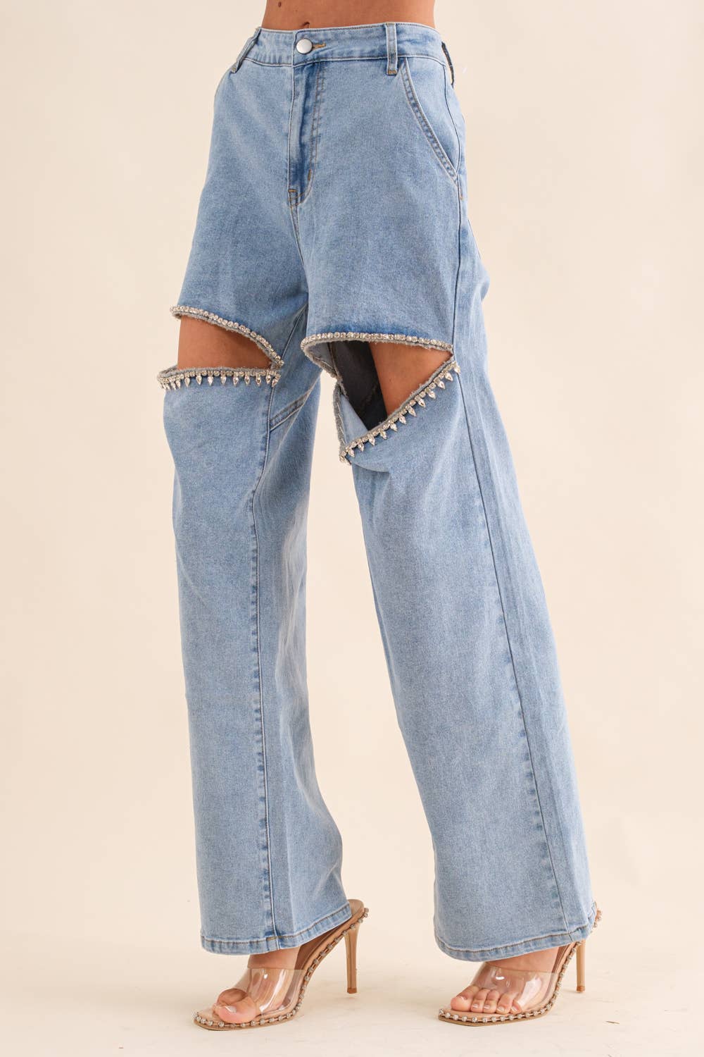 Miss Cut Outs - The Front Rhinestone Cut Out Washed Denim Jeans
