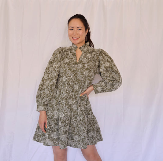 Miss Evergreen - The Olive Long Sleeve Puffy Sleeve Dress