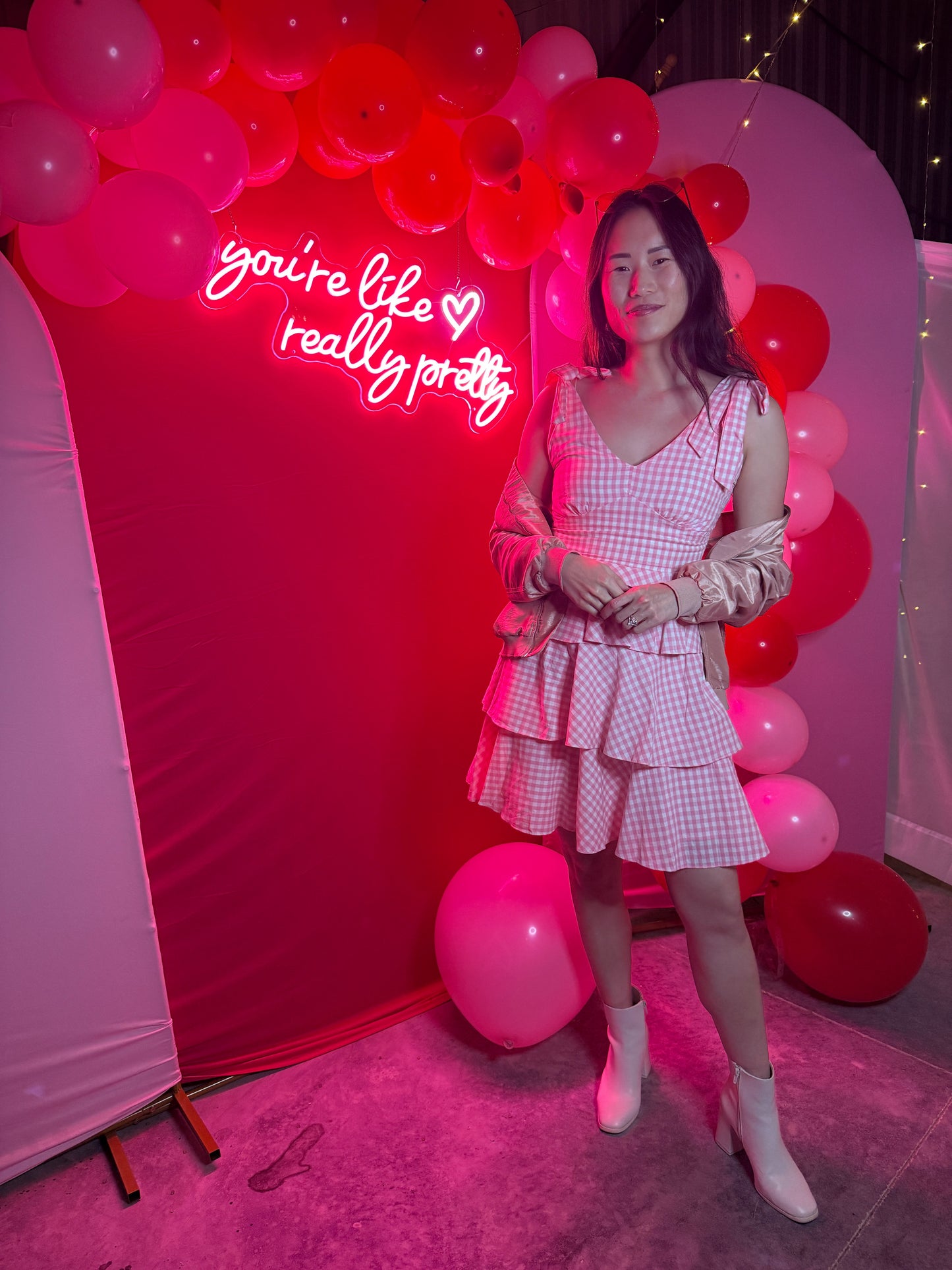 Miss Candy - The Candy Pink and White Gingham Tiered Mini Dress with Shoulder Bows