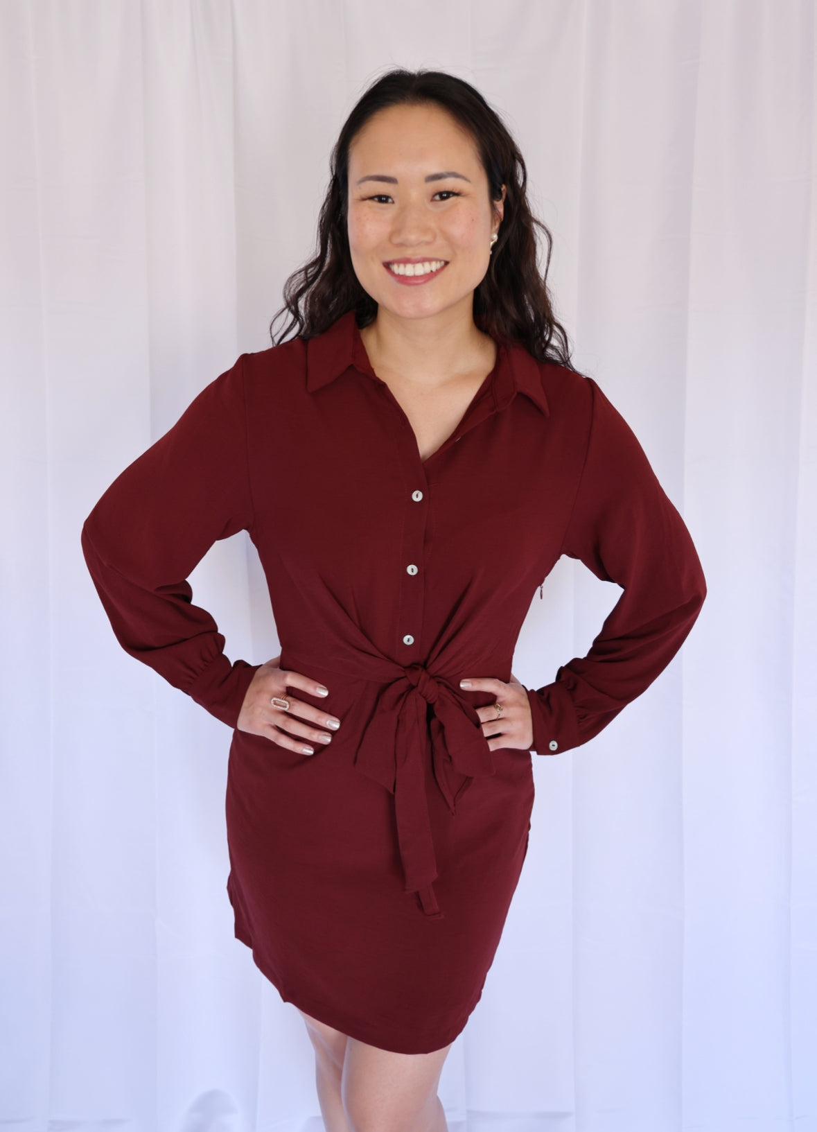 Miss Little Business (2 Colors) - The Long Sleeve Shirt Dress with Front Tie