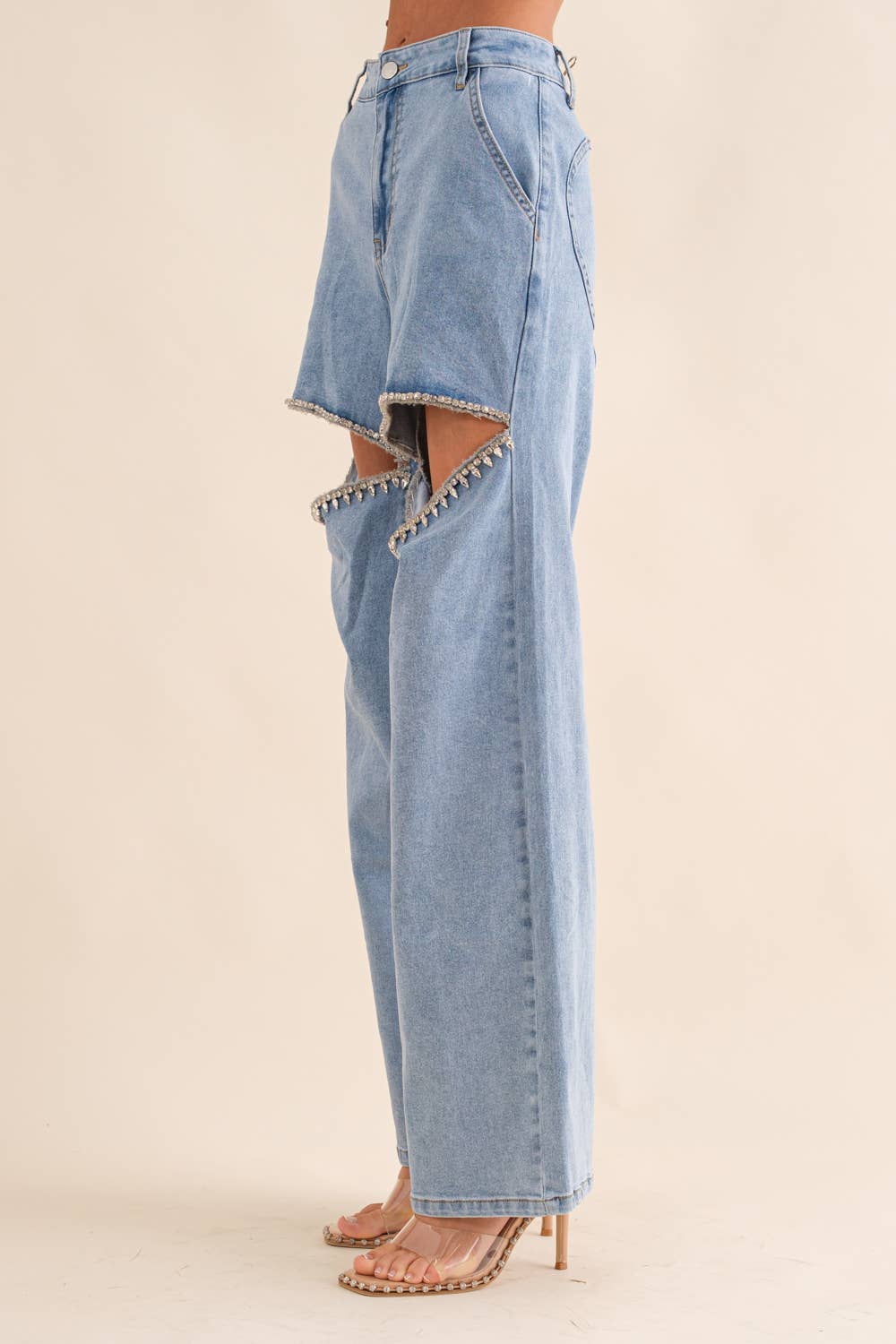 Miss Cut Outs - The Front Rhinestone Cut Out Washed Denim Jeans