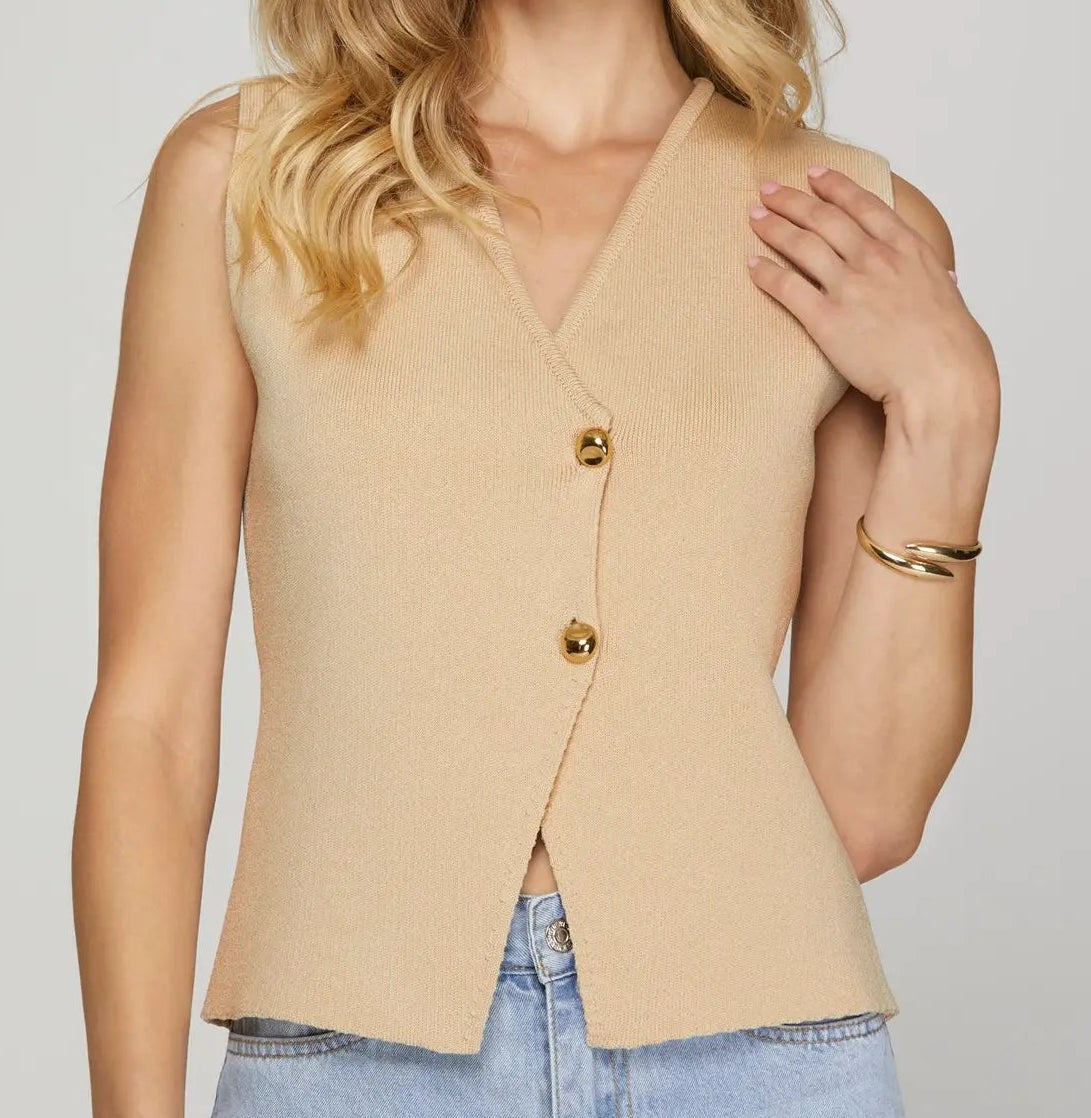 Miss Sweater Vest - The Beige Sleeveless Knit Sweater Vest