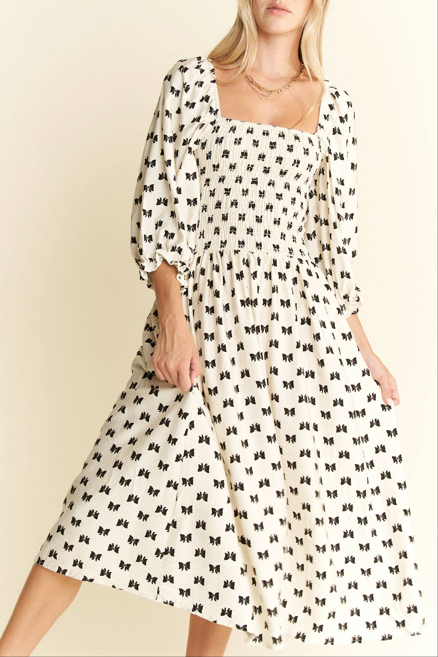 Miss Ribbons - The White Puff Sleeve with Black Ribbon Patterned Dress