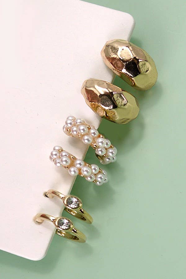 Miss Pearl Trio - The Trio Pearl Diamond Cut Huggie Hoop Earring Set