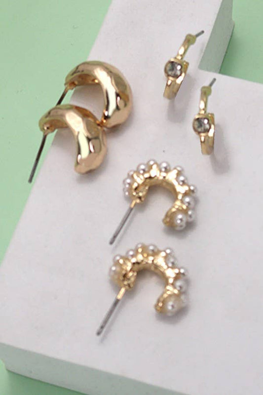 Miss Pearl Trio - The Trio Pearl Diamond Cut Huggie Hoop Earring Set