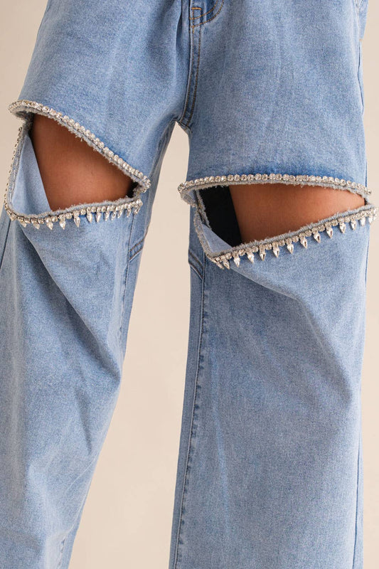 Miss Cut Outs - The Front Rhinestone Cut Out Washed Denim Jeans