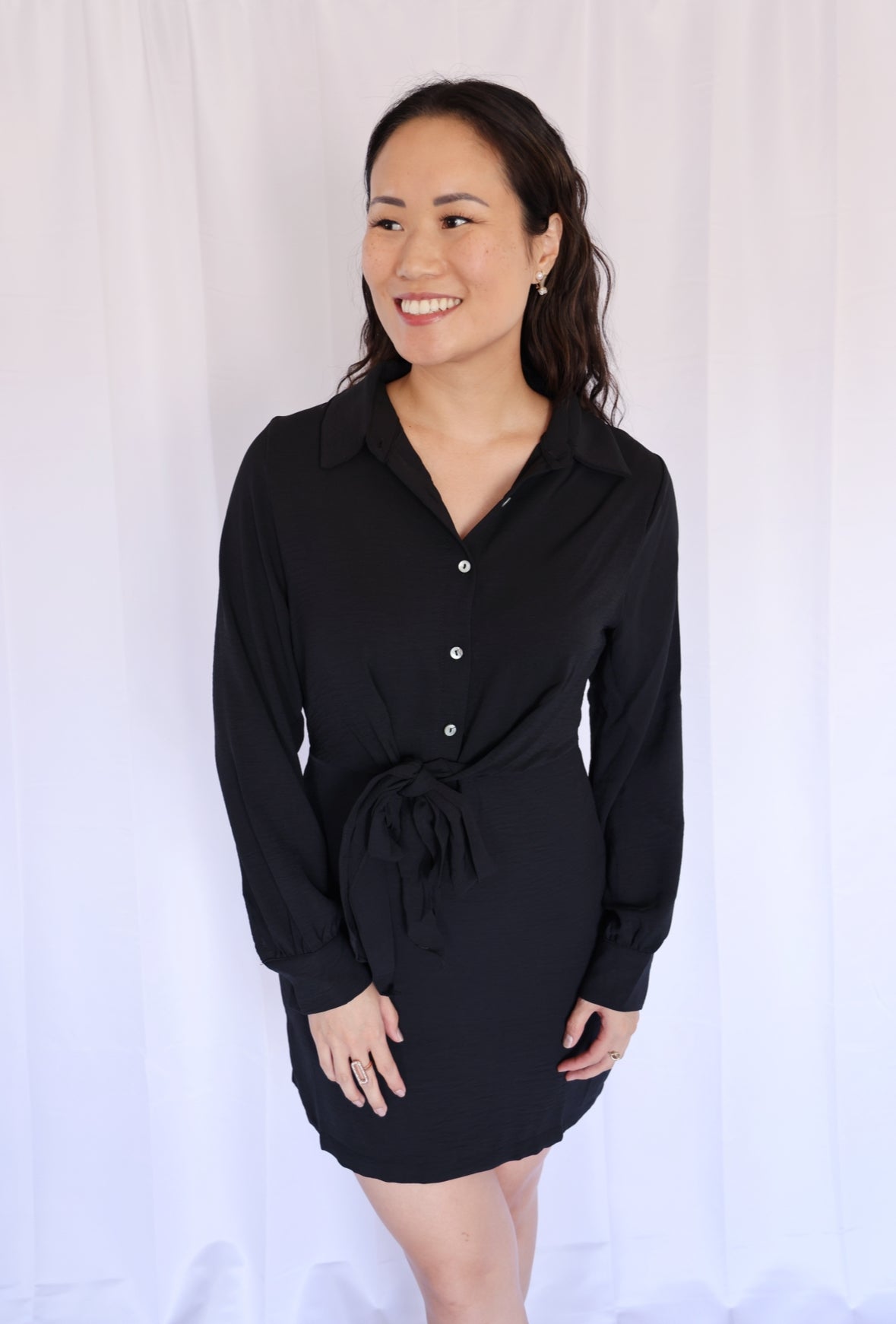 Miss Little Business (2 Colors) - The Long Sleeve Shirt Dress with Front Tie