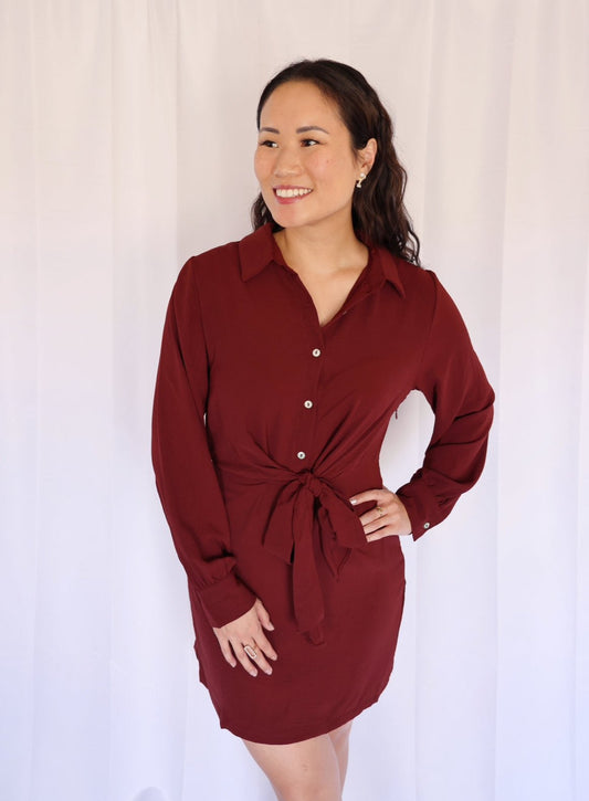 Miss Little Business (2 Colors) - The Long Sleeve Shirt Dress with Front Tie