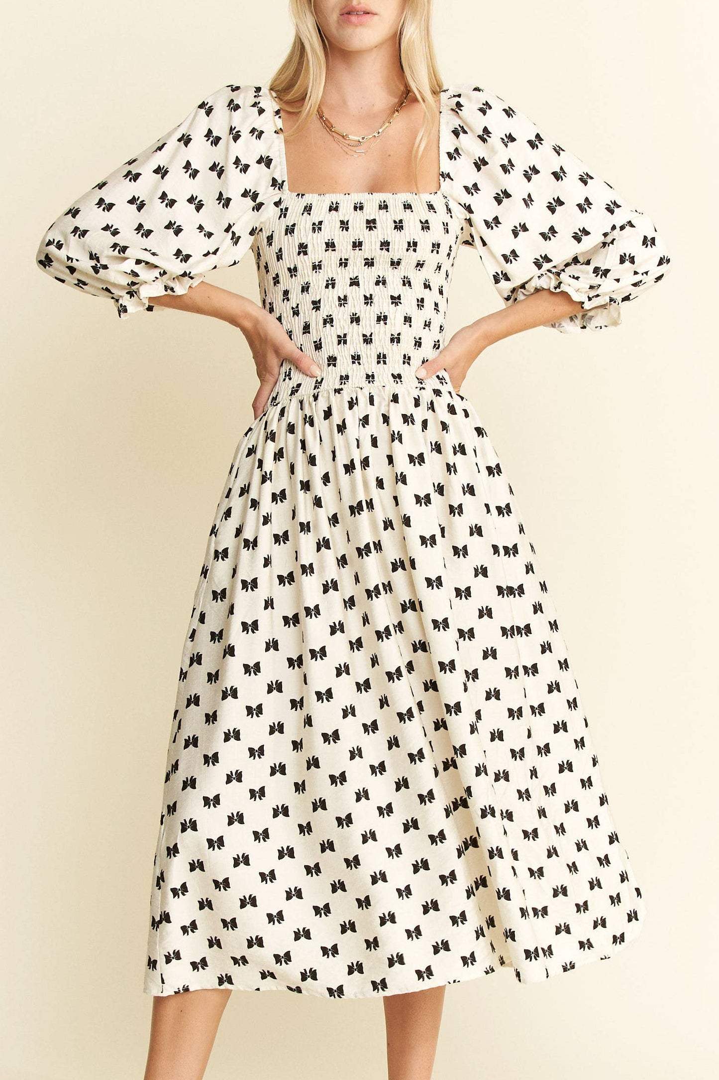 Miss Ribbons - The White Puff Sleeve with Black Ribbon Patterned Dress