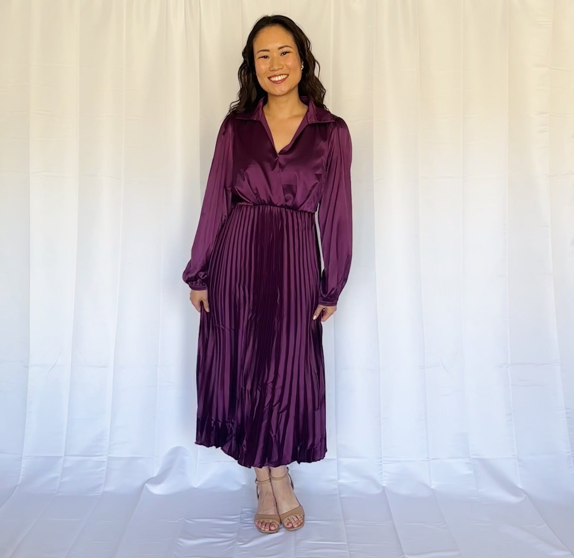 Miss Plum + Pleats - The Long Sleeve Pleated Purple Plum Satin Dress XL Miss Plum + Pleats - The Long Sleeve Pleated Purple Plum Satin Dress XL