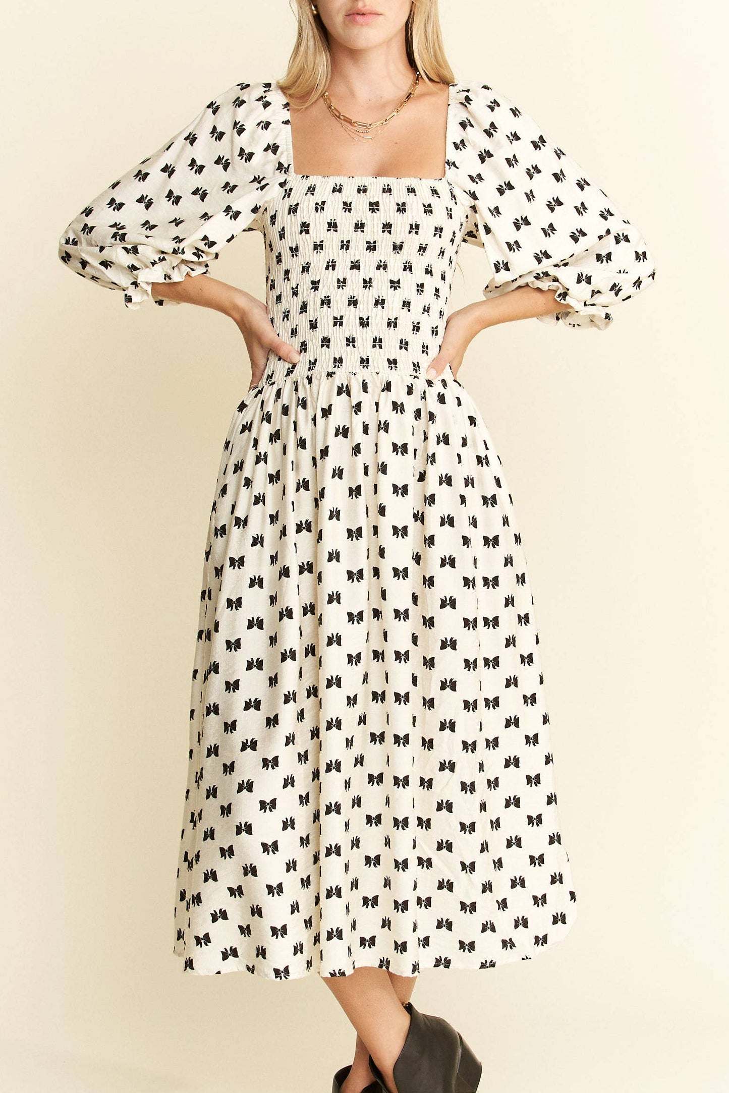 Miss Ribbons - The White Puff Sleeve with Black Ribbon Patterned Dress