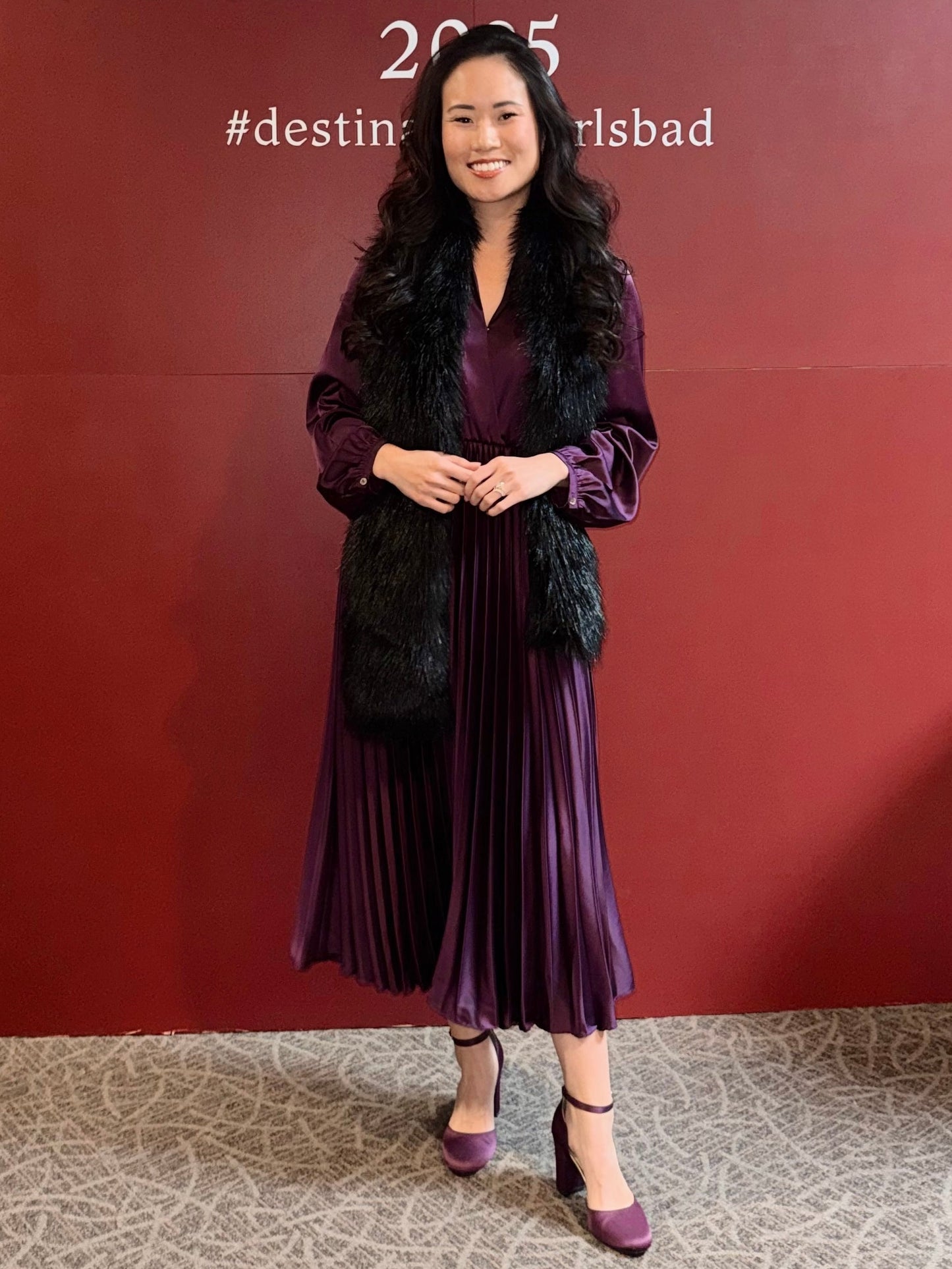 Miss Plum + Pleats - The Long Sleeve Pleated Purple Plum Satin Dress
