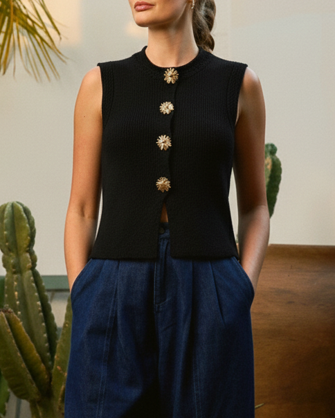 Miss Button Down Sweater - The Black Sleeveless Vest Style Button Down Sweater with Gold Buttons