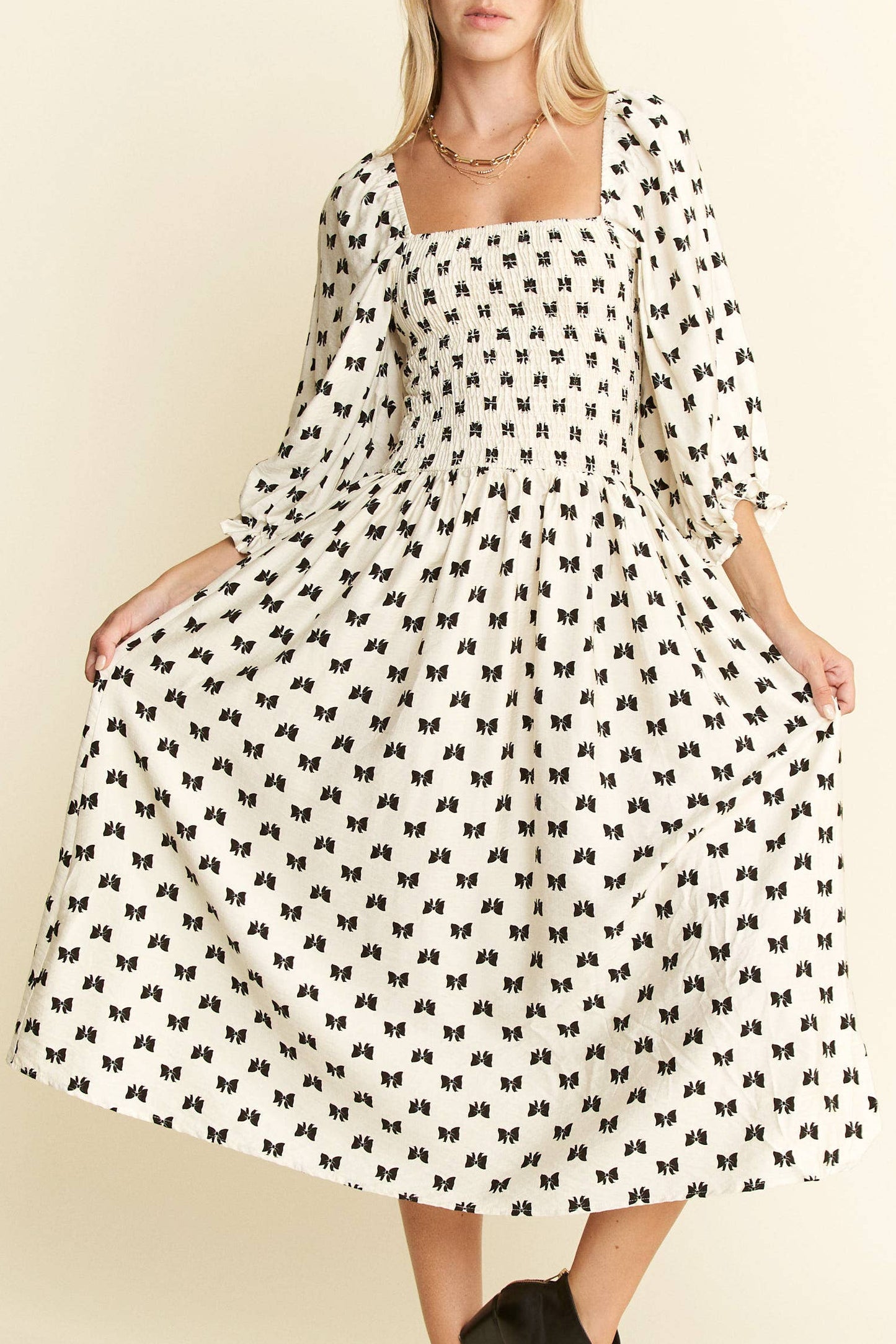 Miss Ribbons - The White Puff Sleeve with Black Ribbon Patterned Dress