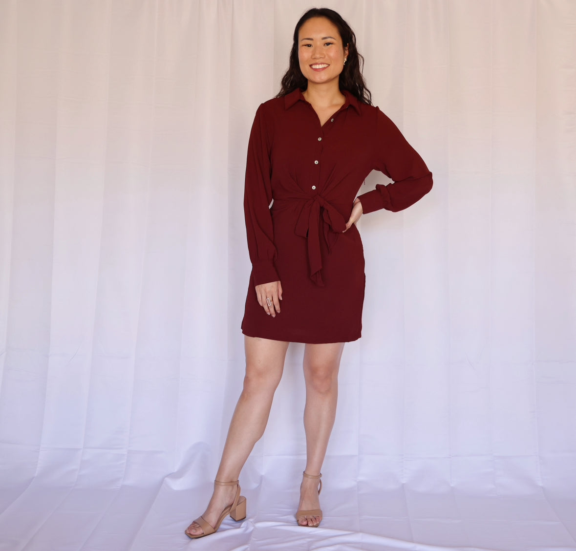 Miss Little Business (2 Colors) - The Long Sleeve Shirt Dress with Front Tie