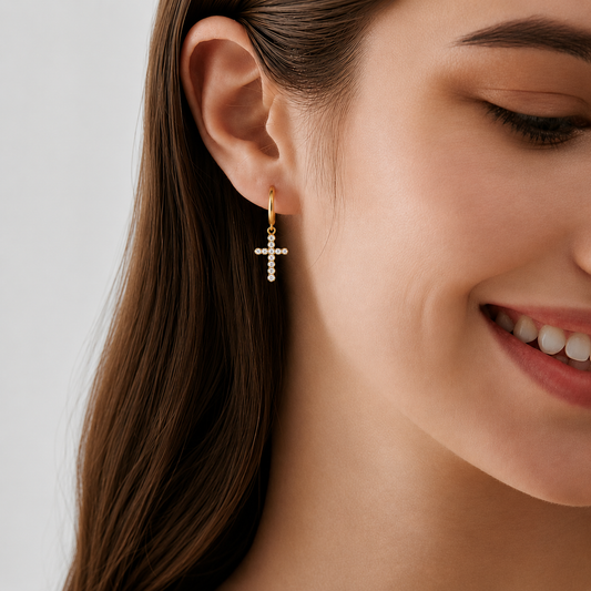 Miss Rhinestone - The 18K Stainless Steel Gold Cross Hoop Earrings