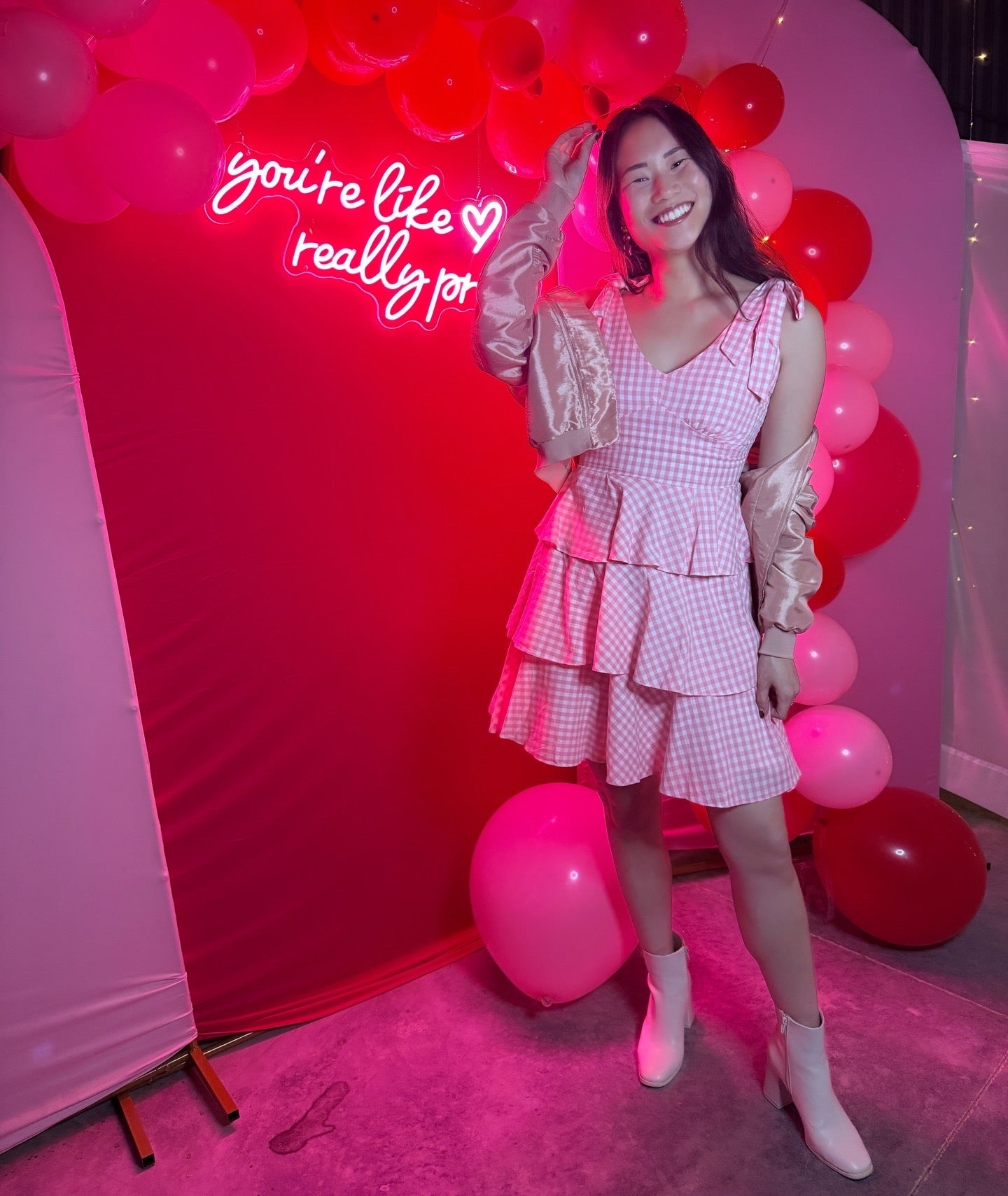 Miss Candy - The Candy Pink and White Gingham Tiered Mini Dress with Shoulder Bows