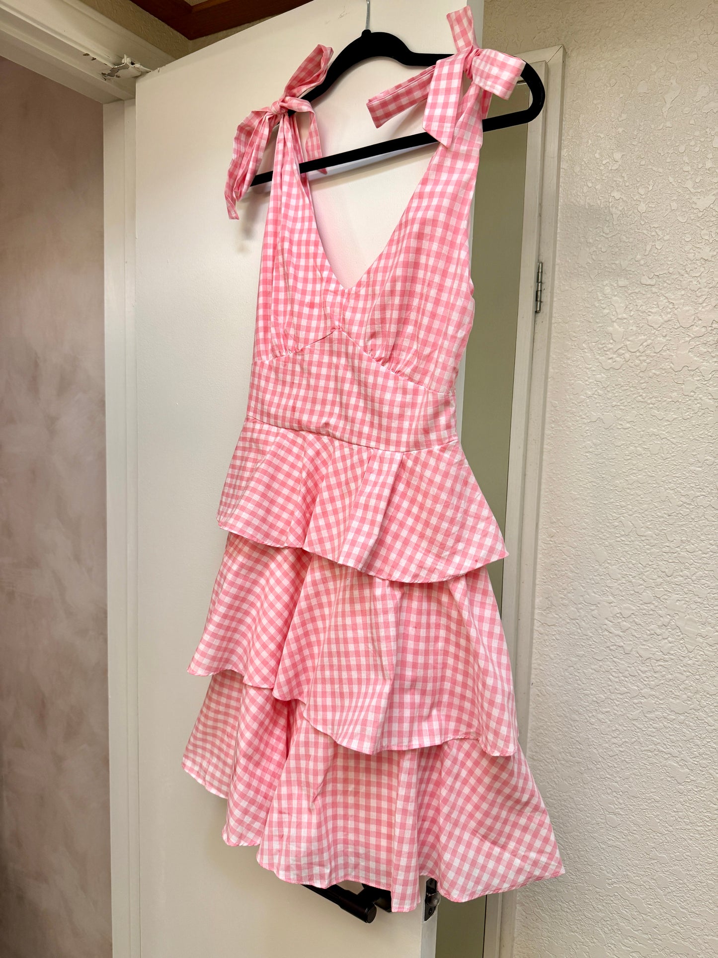 Miss Candy - The Candy Pink and White Gingham Tiered Mini Dress with Shoulder Bows