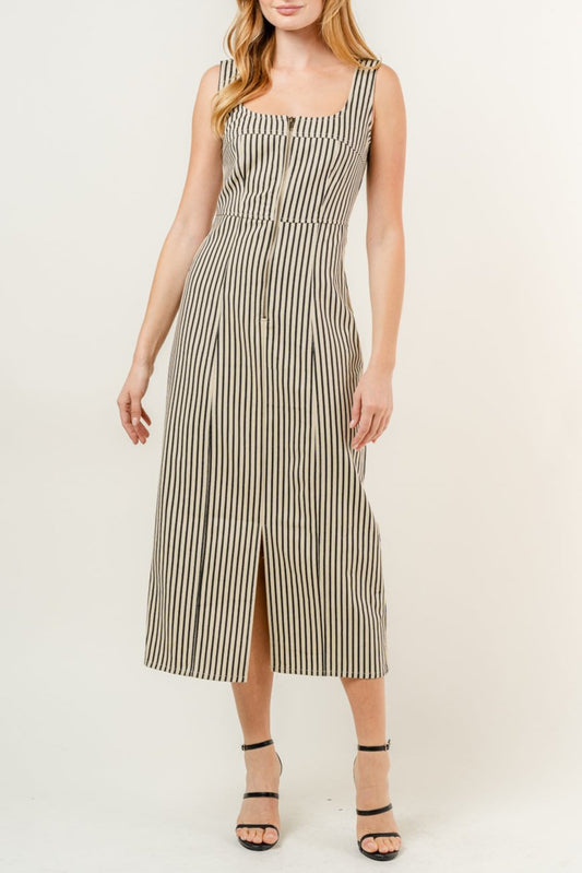 Miss Denim - The Khaki and Black Vertical Striped Midi Dress