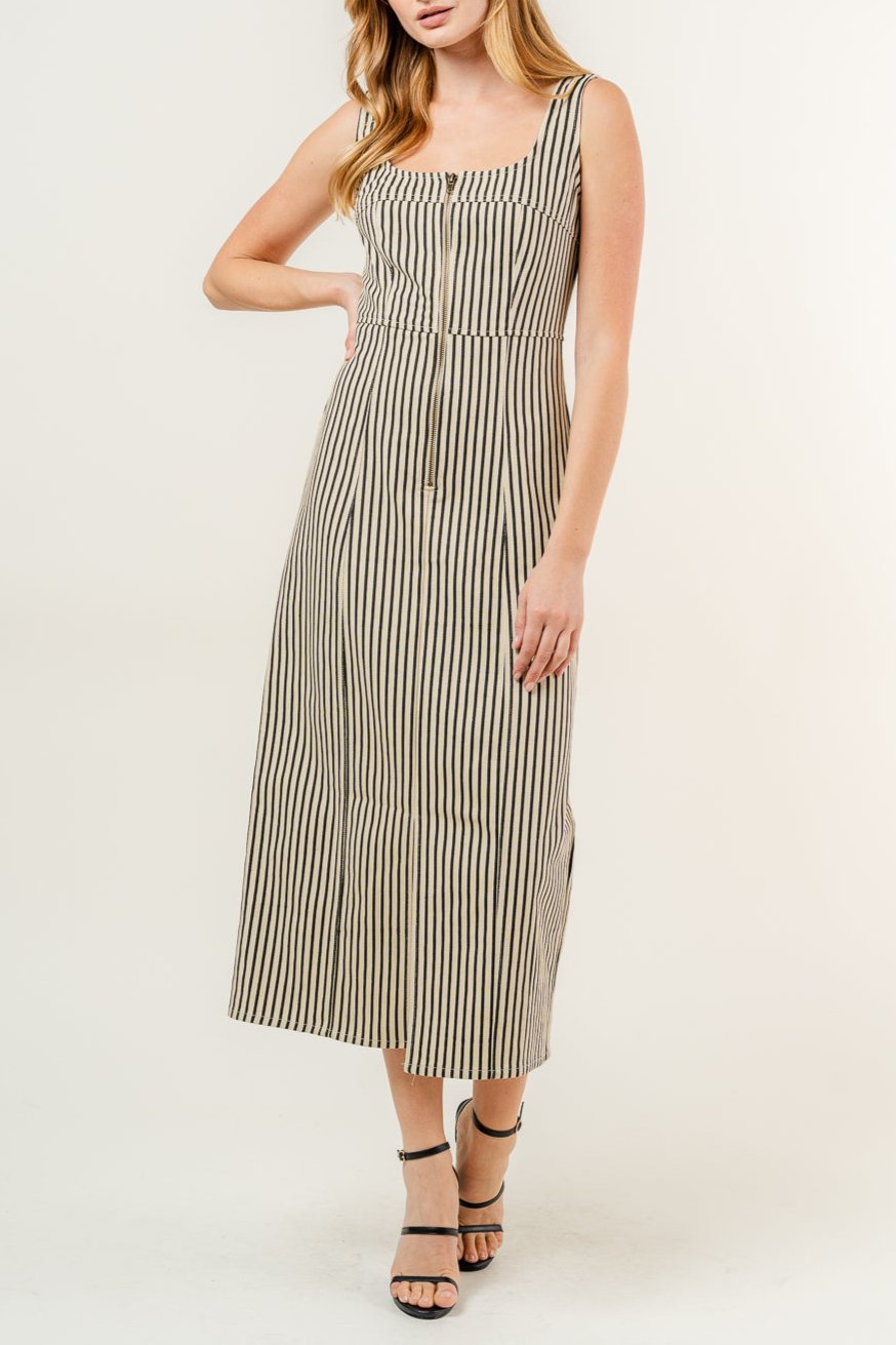 Miss Denim - The Khaki and Black Vertical Striped Midi Dress