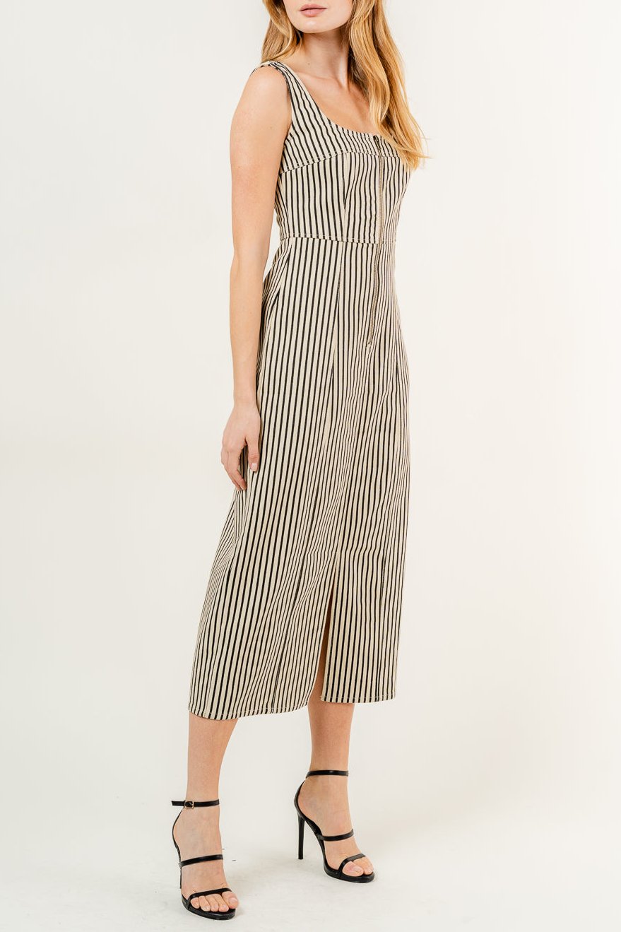 Miss Denim - The Khaki and Black Vertical Striped Midi Dress