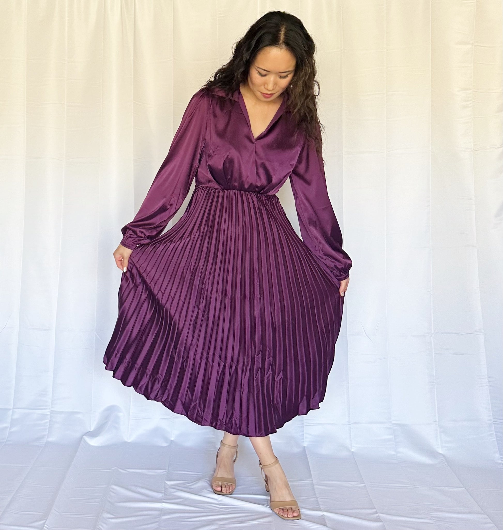 Miss Plum + Pleats - The Long Sleeve Pleated Purple Plum Satin Dress XL Miss Plum + Pleats - The Long Sleeve Pleated Purple Plum Satin Dress XL