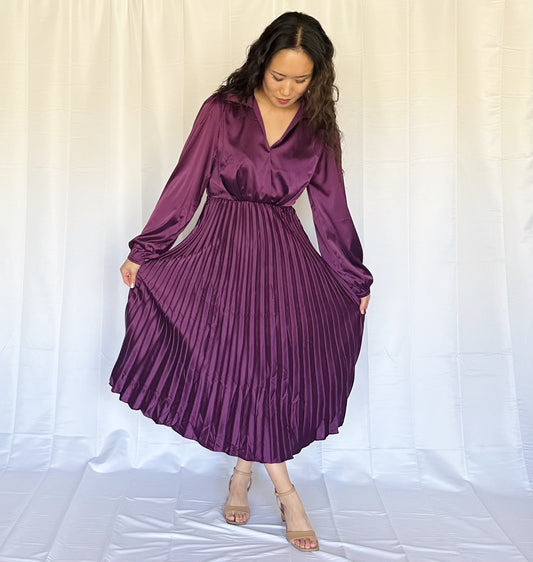 Miss Pleats + Purple - The Long Sleeve Pleated Purple Plum Satin Dress