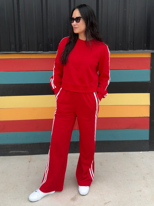 Miss Varsity - The Red with White Stripes Pullover and Sweats Matching Set