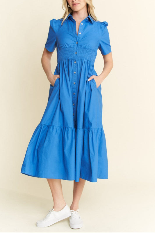 Miss Midi - Blue Button Down Short Sleeve Dress