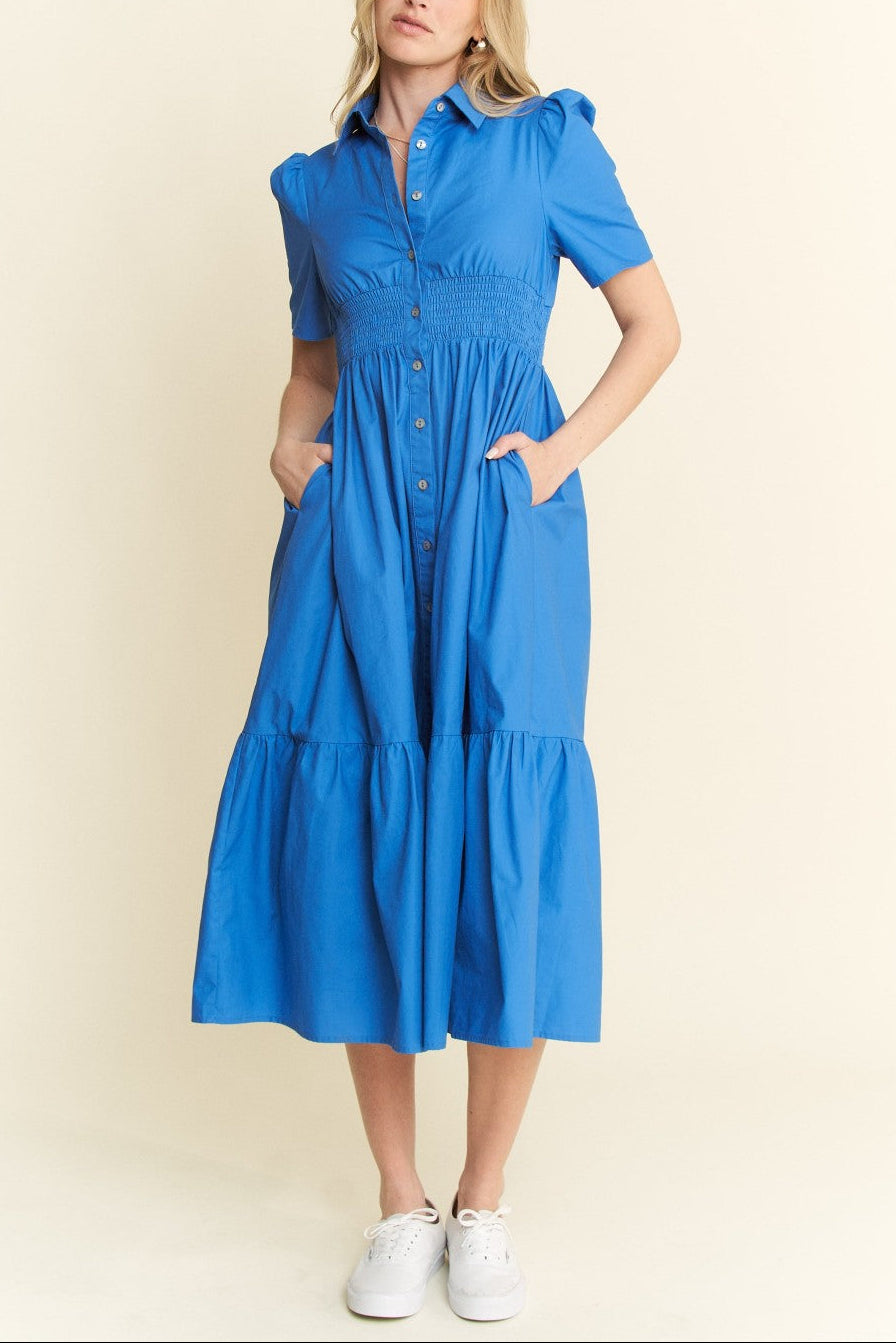 Miss Midi - Blue Button Down Short Sleeve Dress