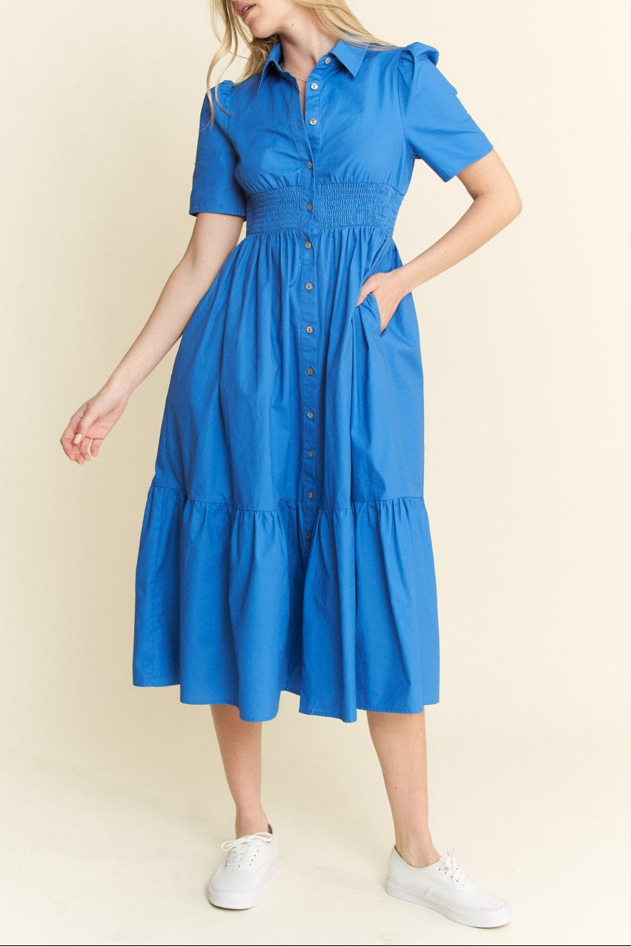 Miss Midi - Blue Button Down Short Sleeve Dress