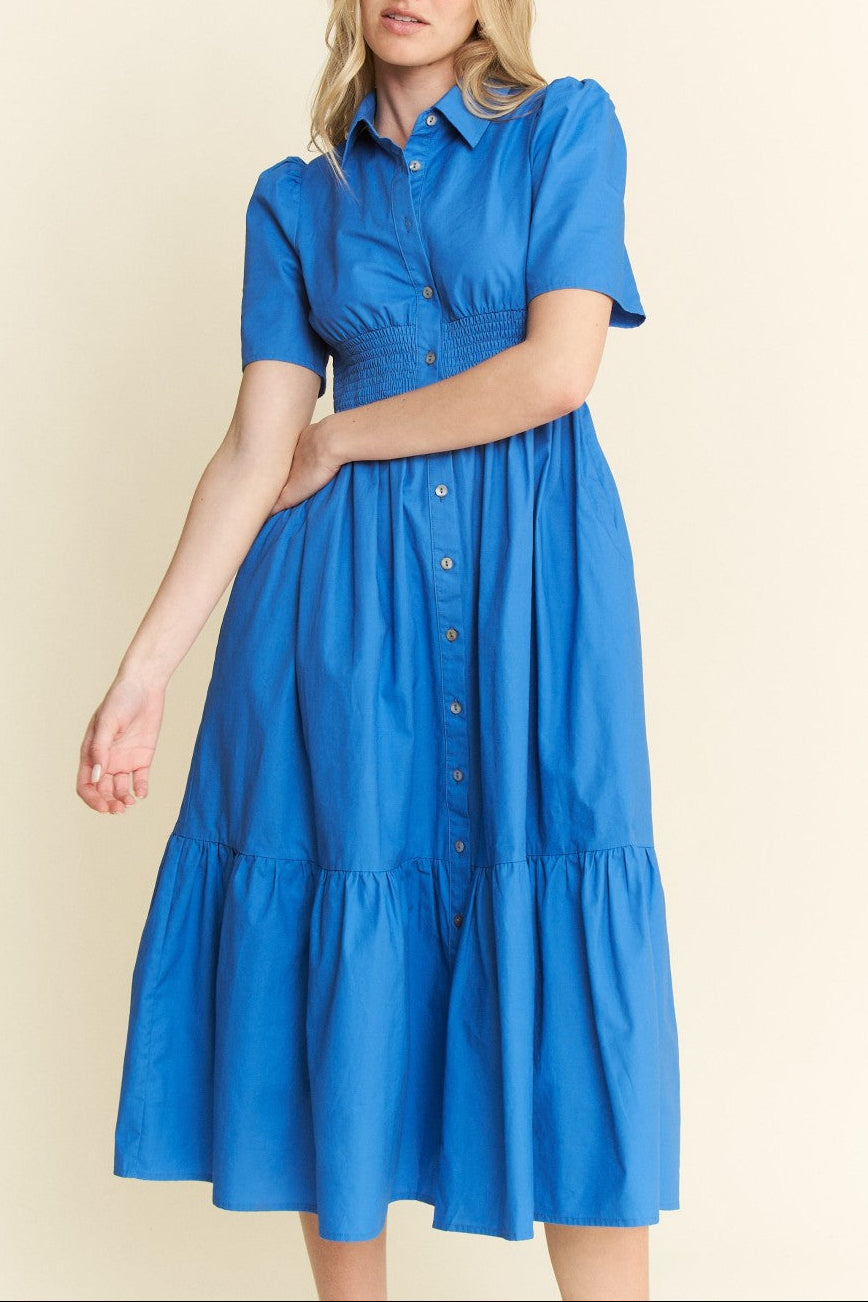 Miss Midi - Blue Button Down Short Sleeve Dress