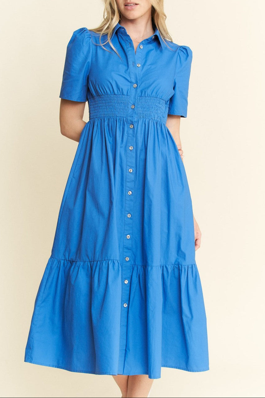 Miss Midi - Blue Button Down Short Sleeve Dress
