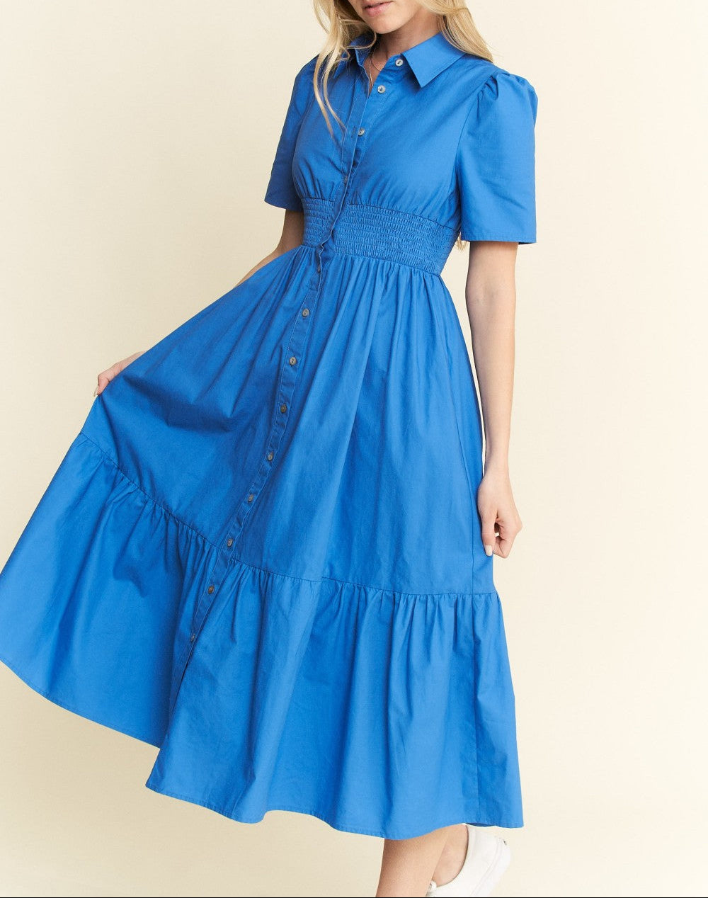Miss Midi - Blue Button Down Short Sleeve Dress