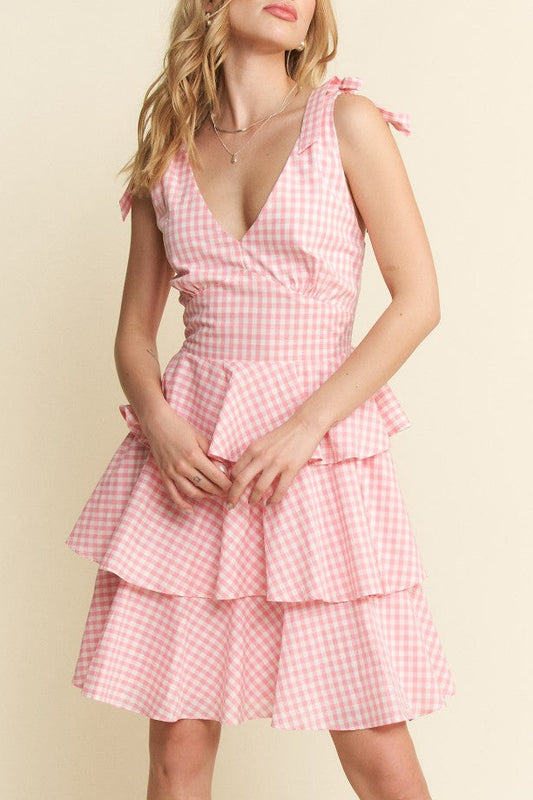 Miss Candy - The Candy Pink and White Gingham Tiered Mini Dress with Shoulder Bows