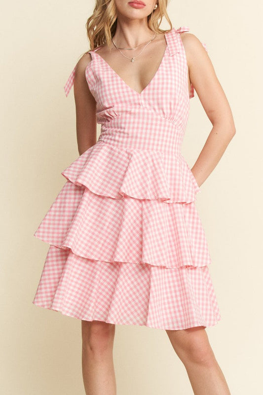 Miss Candy - The Candy Pink and White Gingham Tiered Mini Dress with Shoulder Bows