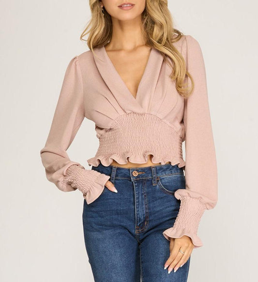 Miss Pretty in Pink - The Blush Ruffled Long Sleeve Crop Top