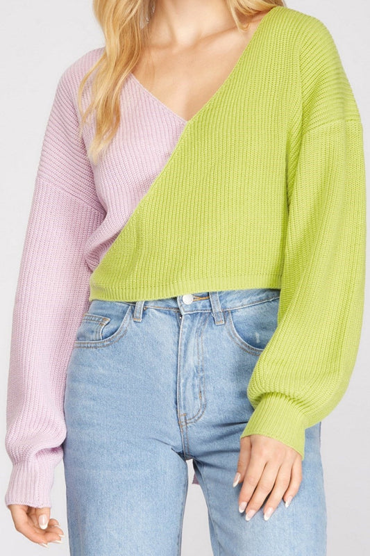 Miss Colorblock - The Green & Pink Wrap Sweater