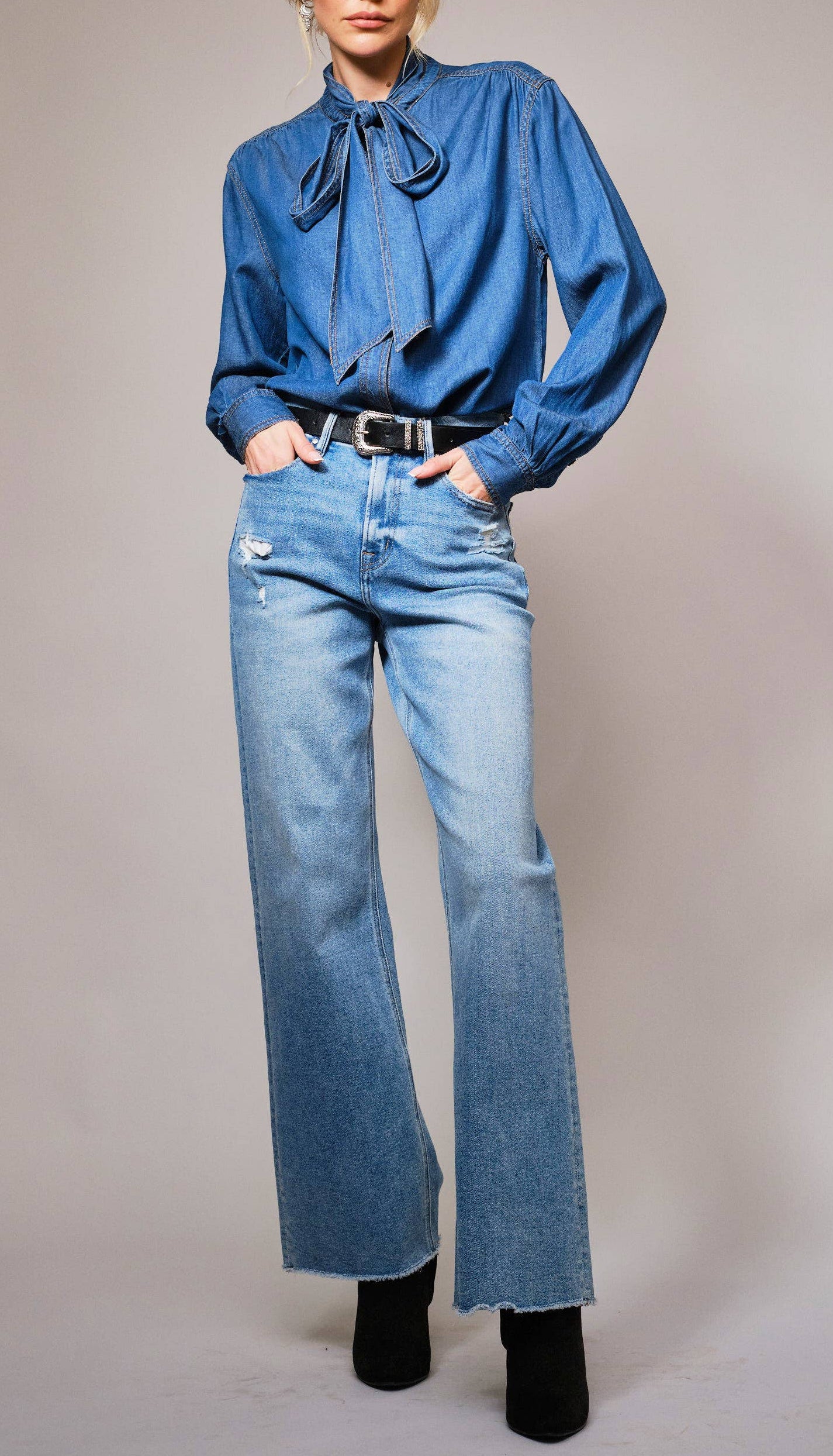 Miss Chambray - The Tie Neck Chambray Blouse